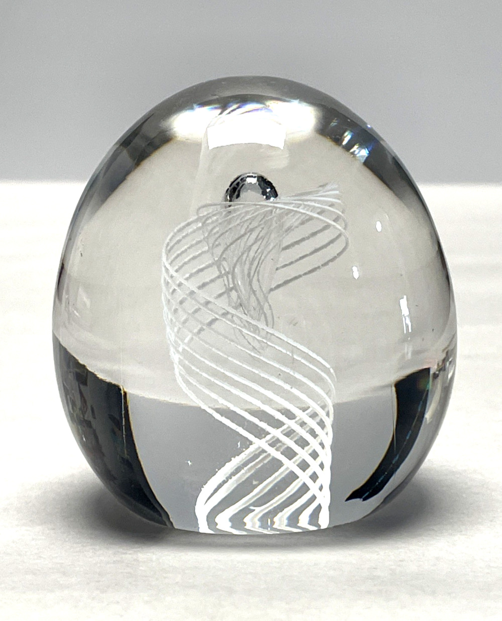 STEUBEN Signed Paperweight Clear Glass Latticino Cane Swirl Controlled Bubble 3"